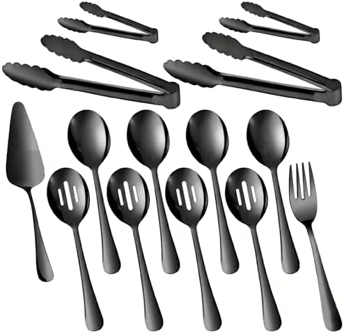 14PCS Serving Utensils - Hostess Serving Utensils Set, Premium Stainless Steel 8.7 inch Serving Utensils, Slotted Spoons, Forks, Tongs, Cake Pie Server for Buffet, Wedding, Dinner (Black)