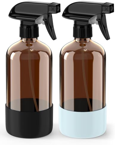 Bontip Glass Spray Bottle with Silicone Sleeve Protection, Amber Glass Spray Bottle Set for Window Cleaner Aromatherapy Facial Hydration Watering Flowers Hair Care 2 Pack/16 oz (Black & Blue, 16 oz)