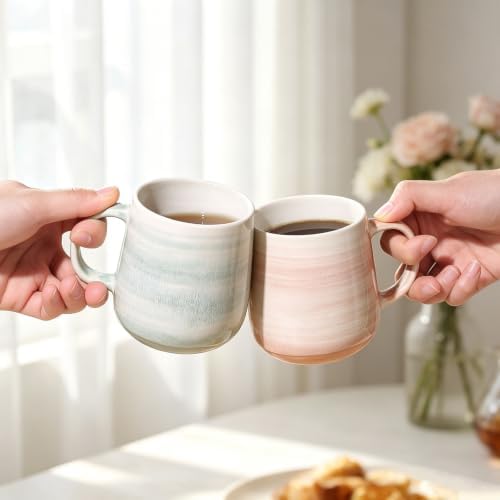 Stoneware Coffee Mugs Set of 4, 12oz Hand-Painted Coffee Cups with Handle