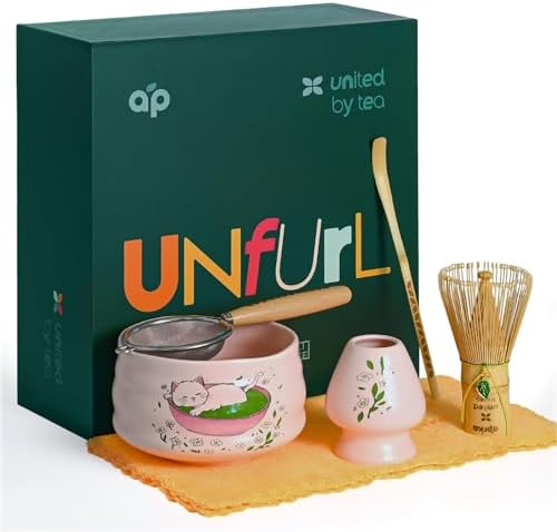 Aprika Life Matcha Whisk Set 6 Pcs - Ceramic Matcha Bowl, Bamboo Whisk, Matcha Whisk Holder, Scoop, Sifter & Tea Cloth - Traditional Handmade Matcha Set - Unfurl Pink with Cat print