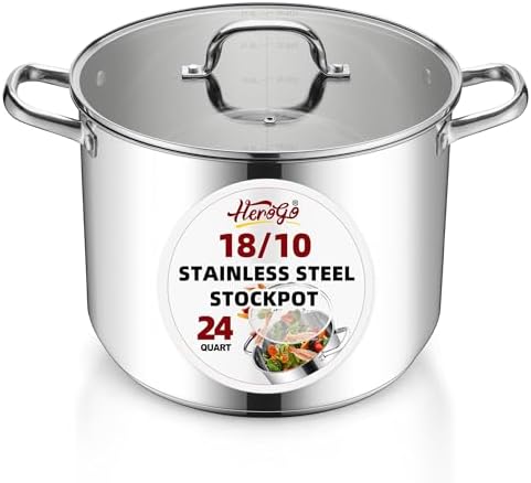 Herogo 24-Quart 18/10 Stainless Steel Stock Pot with Lid, Large Heavy Duty Soup Pot Compatible with Electric, Gas, Induction and Gas Cooktops, Non-Toxic & Corrosion Resistant, Dishwasher Safe