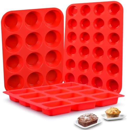 CAKETIME Silicone Muffin Pan- 24 Cups Mini Muffin Pan, Regular 12 Cups Cupcake Pan, 12 Cups Mini Loaf Pan Bakeware Sets