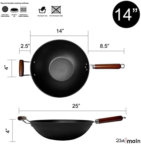 21st & Main Light weight Cast Iron Wok, Stir Fry Pan, Wooden Handle, 14 Inch, chef’s pan, pre-seasoned nonstick, commercial and household, for Chinese Japanese and others Cooking