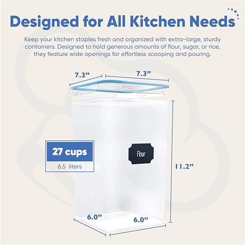 Chef's Path Extra Large Airtight Flour and Sugar Storage Containers with Lids, Set of 2, 6.5L Pantry Canisters for Bulk Flour and Sugar Storage - Transparent