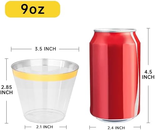 I00000 60 Pack Gold Plastic Cups, 9 OZ Elegant Gold Rimmed Plastic Cups