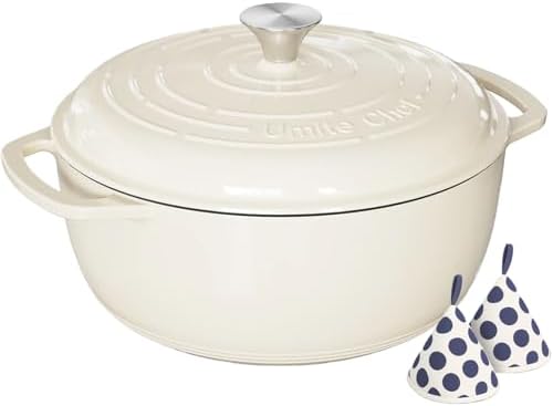 Umite Chef 6QT Enameled Cast Iron Dutch Oven with Lid, Versatile Heavy-Duty Cookware Pot for Baking Bread, Braising, Soups & Stews, Oven & Stovetop Safe with Heat Resistant Gloves（Cream White）