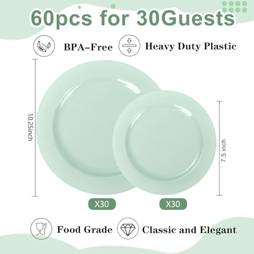 FLOWERCAT 60PCS Sage Green Plates - Heavy Duty Plastic Plates Disposable for Spring Party - Include 30PCS 10.25inch Sage Green Dinner Plates and 30PCS 7.5inch Dessert Plates