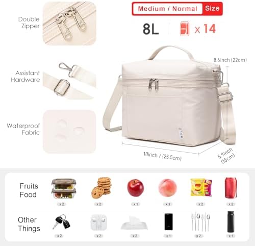 NOL 8L Insulated Lunch Bags for Women Cooler Bag Lightweight Nylon Waterproof Lunch Box For Work(Medium, Cream)