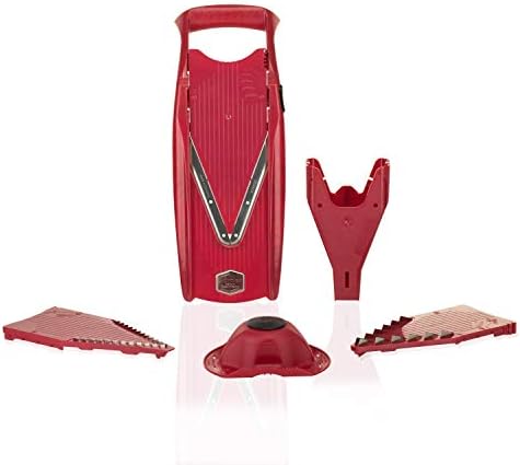 Swissmar Börner VPower V-Slicer Mandoline – Professional Kitchen Tool with Adjustable Thickness – Precision Food Slicer for Vegetables, Julienne & Shredding – Includes Safety Holder & Inserts - Red
