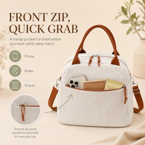 Bluboon Lunch Box for Women Cute Lunch Bag Reusable Insulated Lunch Bags Large Capacity Lunchbox Cooler for Work Picnic or Travel Gifts (Light Khaki White Stripes-13L, 10 x 7.5 x 8 inches)
