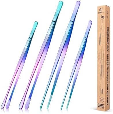 4 Pcs Fine Long Tweezer Tongs Professional Rainbow, 12'' and 10'' Stainless Steel for Kitchen, Food, Cooking, Repairing, Sea food and BBQ