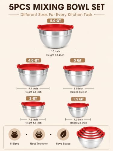 Stainless Steel Mixing Bowl Set with Lids, 5PCS Kitchen Food Prep Bowls