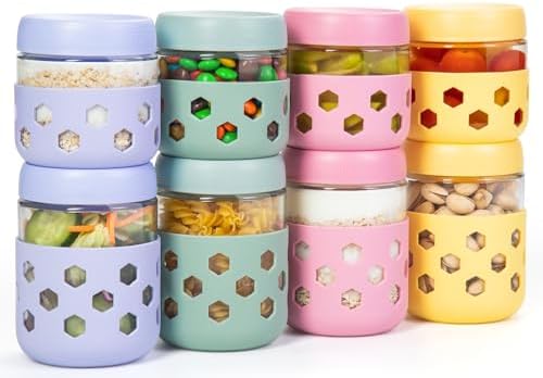 Gemice 8-Pack 16oz & 10oz Overnight Oats Containers with Lids & Silicone Sleeves, Glass Mason Jars with Airtight Lid, Wide Mouth Chia Seed Pudding Meal Prep Jar for Yogurt Berries Snack