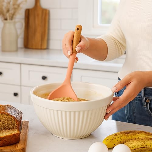 Beille 2pc Beech Wood and Silicone Kitchen Utensils Spatula Set Meal Prep Cooking Baking Supplies Home Essentials, Coral Peach
