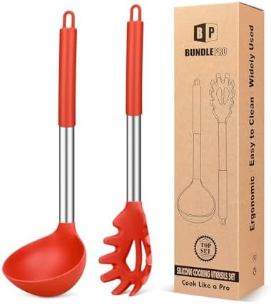 BUNDLEPRO Silicone Soup Ladle and Pasta Spoon Set, 2 Pack, Red
