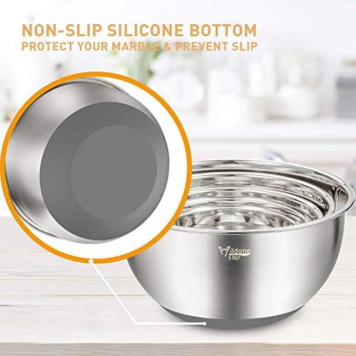 Wildone Mixing Bowls with Airtight Lids Set, 5PCS Stainless Steel Nesting Bowls Set for Kitchen, with Grater Attachments & Non-Slip Bottoms, Size 5, 3, 2, 1.5, 0.63 QT, Great for Baking & Serving