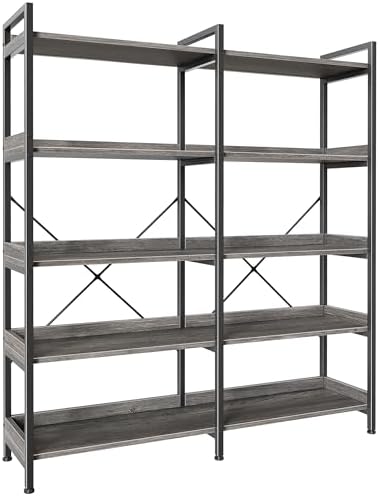 Huuger 5 Tier Bookshelf with 10 Open Shelves and Raised Baffle, Grey