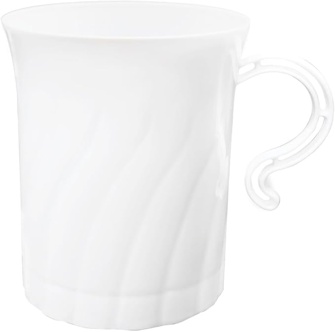 Party Essentials Disposable Plastic 8 oz. Swirled Cups With Handle for Coffee/Tea/Dessert/Fruit/Punch Drinks, White, 20 Count