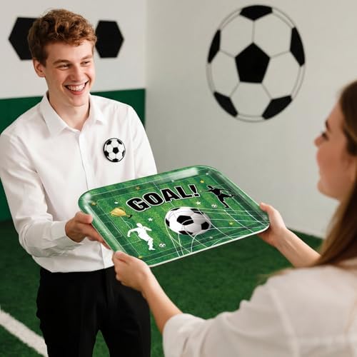Vesici 4 Pack Soccer Melamine Serving Trays, 13 x 10 in Rectangular Serving Platters with Goal Field & Ball Pattern, Reusable Snack Appetizer Dessert Trays for Game Day Parties, Easy Clean