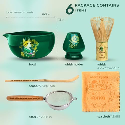 Cat Matcha Set Green, Bowl with Whisk Holder Scoop Sifter and Cloth, Japanese Tea Ceremony Kit, Unfurl Gift Box