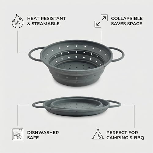 Collapsible Silicone Colander with Handles, Round Strainer with Stainless Steel Rim, Space Saving Kitchen Tool for Fruits & Vegetables,BPA-Free,Heat-Resistant Pasta Drainer (Gray, S)