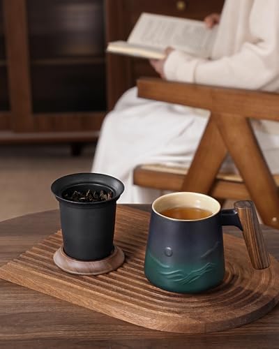 ZENS Tea Infuser Mug with Lid for Loose Tea Steeper, 14.5oz Wooden Handle