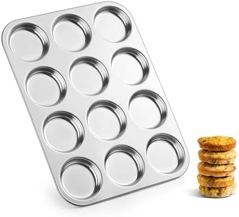 E-far 12-Cavity Muffin Top Pan, Stainless Steel Shallow Cupcake Pan