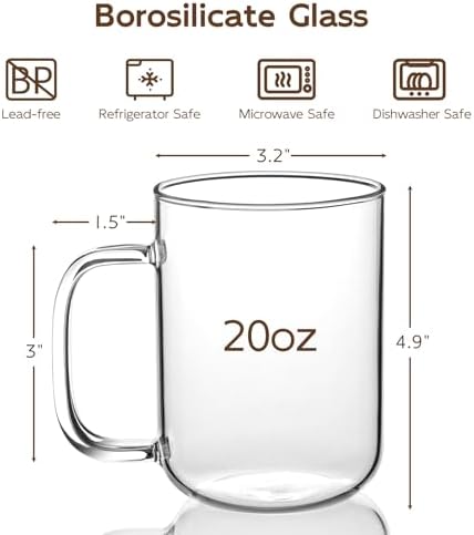Glass Coffee Mugs, 20 oz Ice coffee cups, Large Clear Tea Cups Set of 2, Glass Mugs with Handles, Glass Cups for Latte, Cappuccino, and Tea