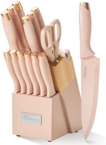 Knife Set, 15 PCS Kitchen Knife Set with Block, Built-in Sharpener