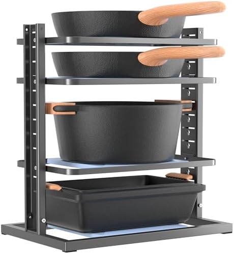 LAMU Pots and Pans Organizer for under Cabinet, 4-Tier Heavy Duty Pan Pot Organizers inside Cabinet, Adjustable Pot Rack Kitchen Cabinet Organization and Storage Holds up to 12" Cookware