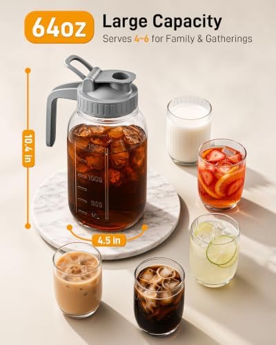 64 oz Mason Jar Pitcher, Glass Pitcher with Lid for Sun Tea & Iced Tea