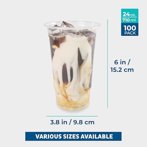 Freshware Clear Plastic Cups [100 Pack - 24 oz] Disposable Cups for Iced Coffee, Smoothie, Milkshake, Cold Drinks
