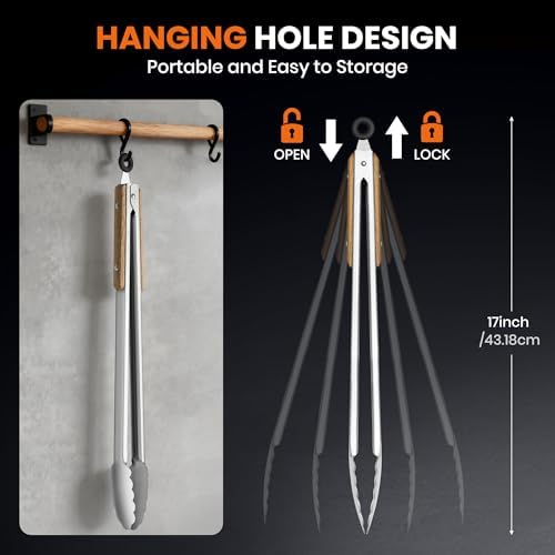 17-Inch Grill Tongs,Long Wood-Handled BBQ Tongs,Heavy Duty Stainless Steel