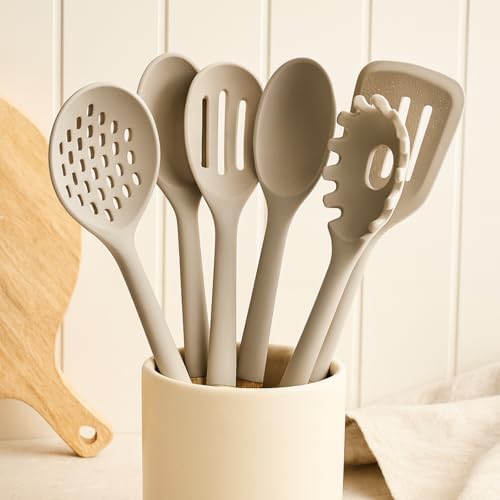 Beille 1pc Beech Wood and Silicone Pasta Spoon Kitchen Utensils Cooking Baking Supplies Home Essentials, Light Grey