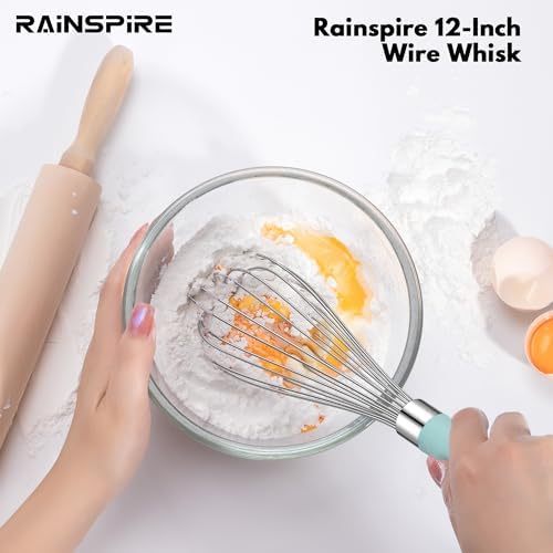 Rainspire 9" 10" 12" Wire Whisk Stainless Steel, Balloon Whisks for Cooking, Wisk Wisking Tool With Soft Silicone Handle, Thick Durable Whisker for Blending, Beating, Whisking, Stirring, Mint Green