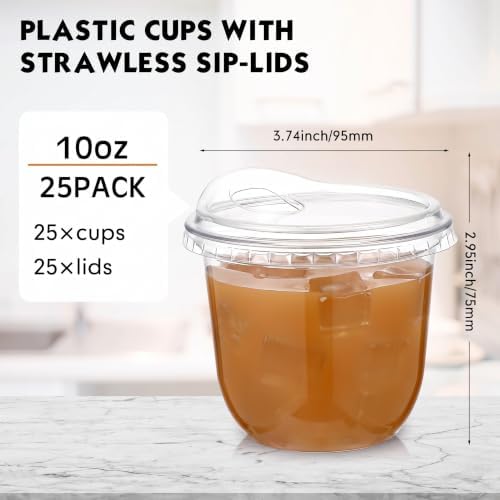 Baderke 25 Pcs Round Bottom Plastic Cups with Lids Clear Togo,10 Oz