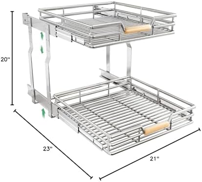 Pull out Cabinet Organizer, 2 Tiers 23"W X 21"D, Heavy Duty Smooth Sliding Under Cabinet Shelves for Pots and Pans, Full-Extension Roll out Drawers, Slide out Organization for Home Kitchen Pantry