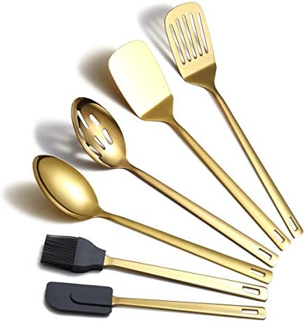 Gold Cooking Spoons, Berglander 6 Pieces Spatula Set Stainless Steel, Metal Spatula, Serving Spoon, Kitchen Tools Set Non-Stick And Heat Resistant, Dishwasher Safe, Easy to Clean (6 Packs)