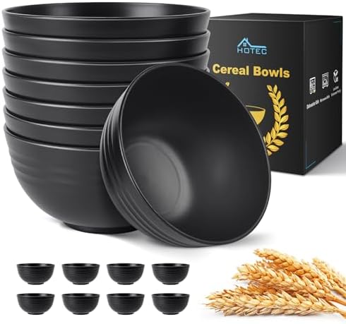 HOTEC 26oz BPA Free Wheat Straw Cereal Plastic Bowls, Set of 8 Black