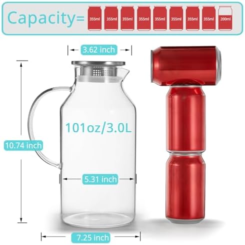 Bivvclaz 3 Liter 101 oz Glass Pitcher with Lid and Handle, Water Pitcher for Fridge, Glass Carafe for Hot/Cold Water, Large Iced Tea Jug for Coffee, Juice and Homemade Beverage