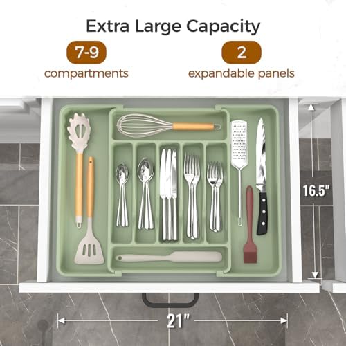 ukeetap Extra Large Expandable Silverware Organizer, Flatware Tray, Green