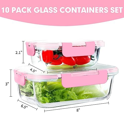 VERONES 10 PACK Glass Meal Prep Containers Set with Lids, Pink