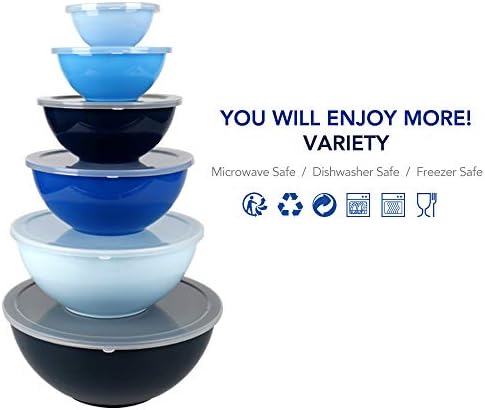 BoxedHome BPA Free Plastic Round Mixing Bowl with Lids, 12 Pack Nesting Bowls with Lids Set, Microwave and Dishwasher Safe Prep & Serving Bowls Great for Mixing, Baking, Serving (Blue, 12pcs)