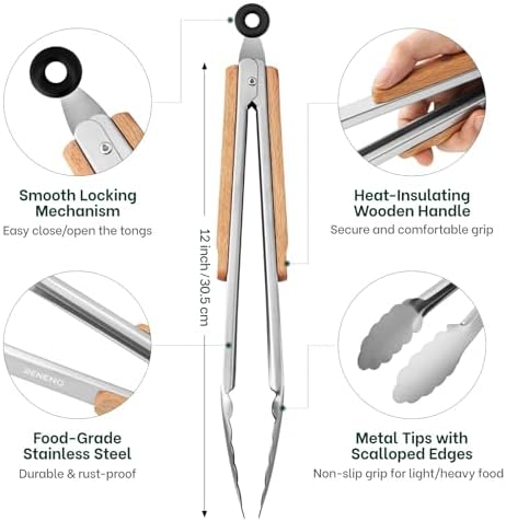 Beneno 12-Inch Heavy Duty Stainless Steel Kitchen Tongs for Cooking
