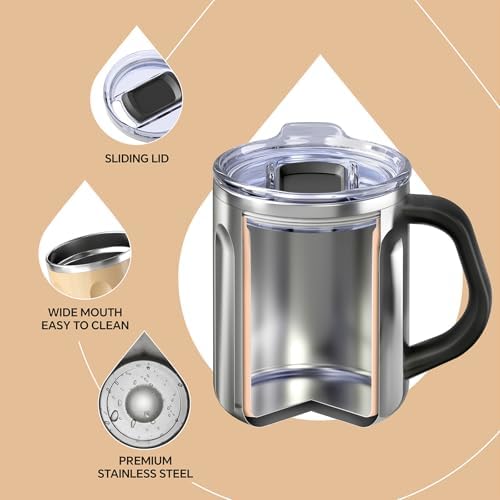 Ideus 16 oz Insulated Coffee Mug with Lid and Handle (Golden, FUJI FLOW)