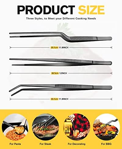 BUNDLEPRO Kitchen Tweezers Tongs with Precision Serrated Tips, 3 Pcs, 12''