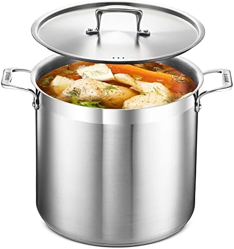 Stainless Steel Stockpot with Lid 16 Quart, Durable 18/8 Stainless Steel, Impact-Bonded Base for Even Heating, Riveted Handles, Oven & All Stove Compatible, Safe Up To 500°F (260°C)