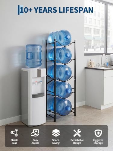 Heavy-Duty 5 Gallon Water Bottle Holder Rack, 5-Tier Single-Row Stand for 5 Bottles - Detachable Water Cooler Jug Storage Shelf for Office, Kitchen, Garage - Black