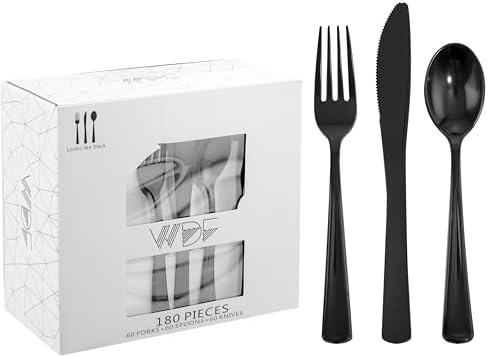 WDF 180 Pieces Black Plastic Silverware - Plastic Silverware Set Include 60 Forks, 60 Knives, 60 Spoons - Heavy Duty Black Disposable Cutlery - Disposable Utensils for Halloween, New Year, Wedding