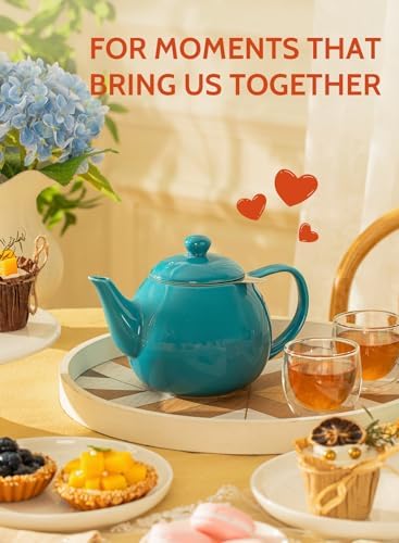 Sweese Teapot, Porcelain Tea Pot with Stainless Steel Infuser, Blooming & Loose Leaf Teapot - 27ounce, Steel Blue